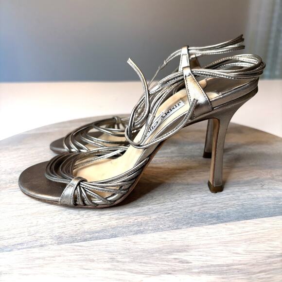 Jimmy Choo Metallic Pewter Strappy Heels EU 37 Italy Leather Sandals Sexy US 7 - Picture 2 of 10
